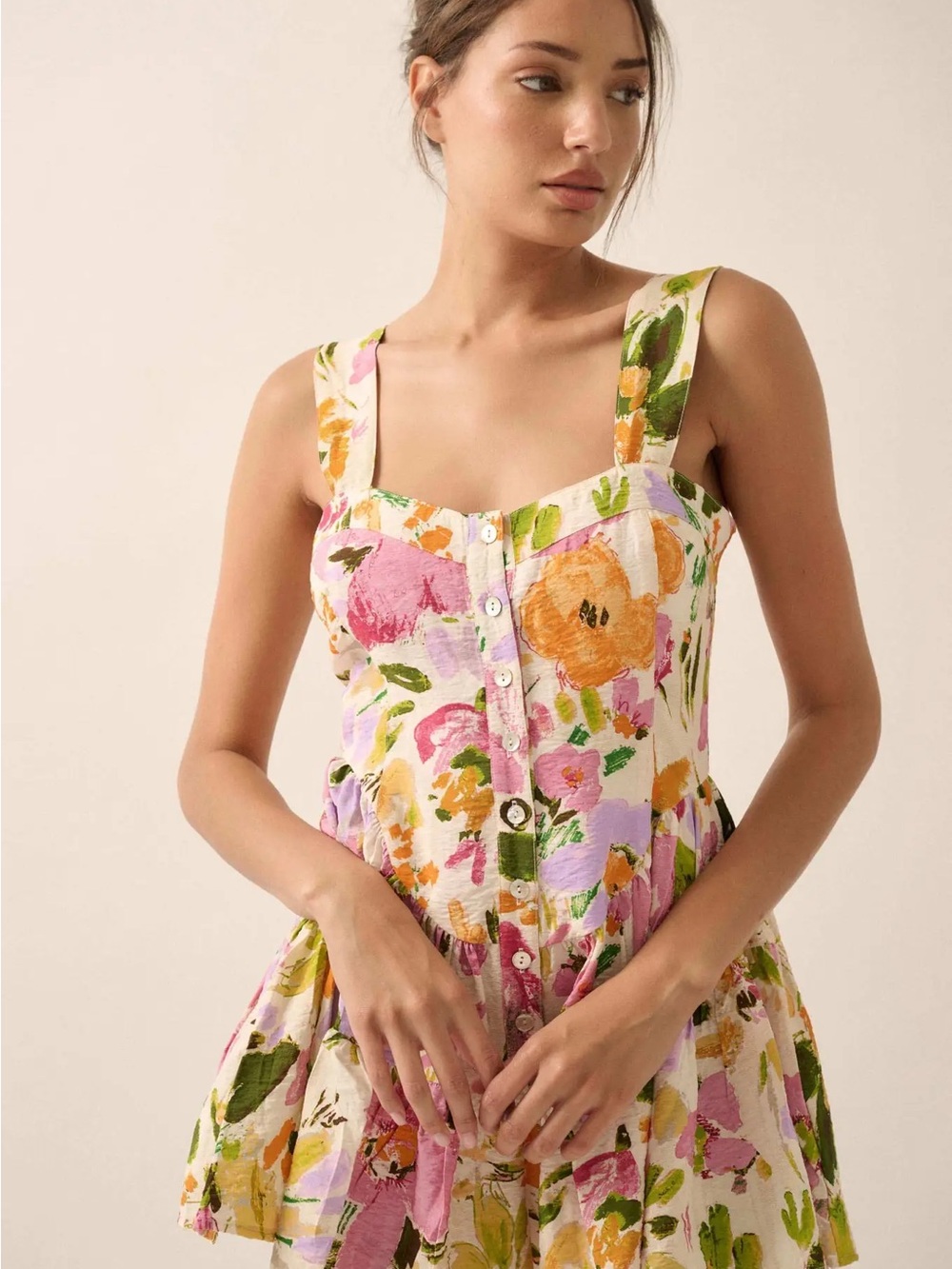 Promesa Floral Button-Front Romper in Pink, Yellow & Green